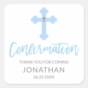 White Blue Cross CONFIRMATION Boy Thank You Square Sticker