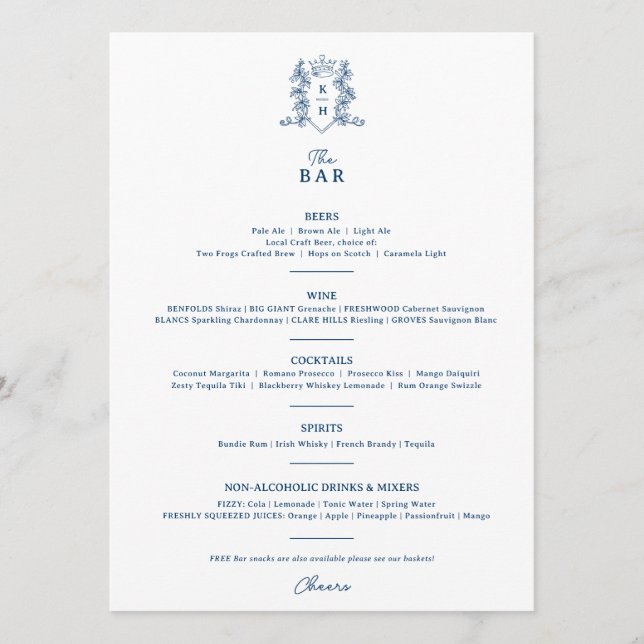 White blue crown crest monogram wedding bar menu (Front)