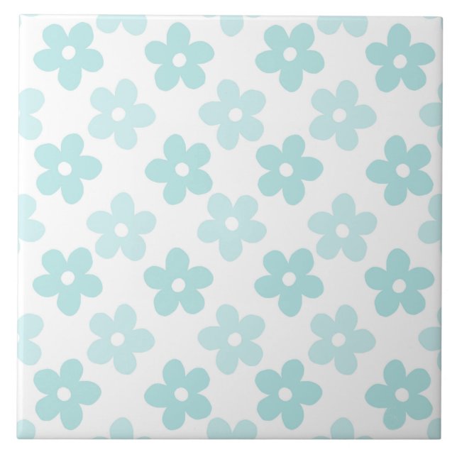 White Blue Daisy Flowers Retro Pattern Ceramic Tile (Front)