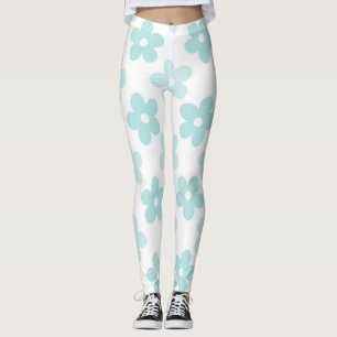 White Blue Daisy Flowers Retro Pattern Leggings