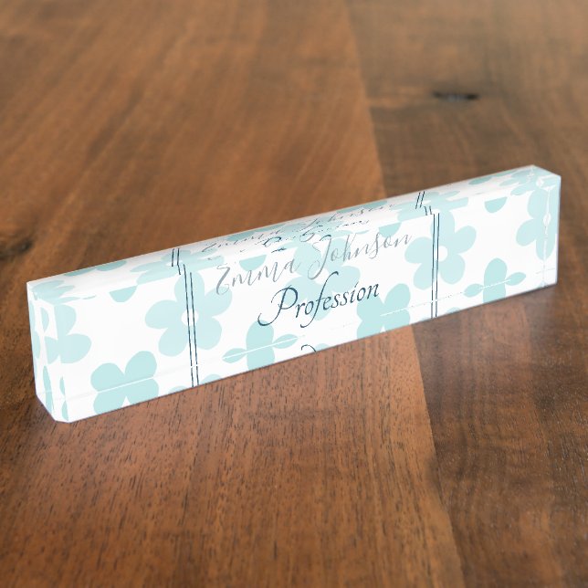 White Blue Daisy Flowers Retro Pattern Nameplate (Side)