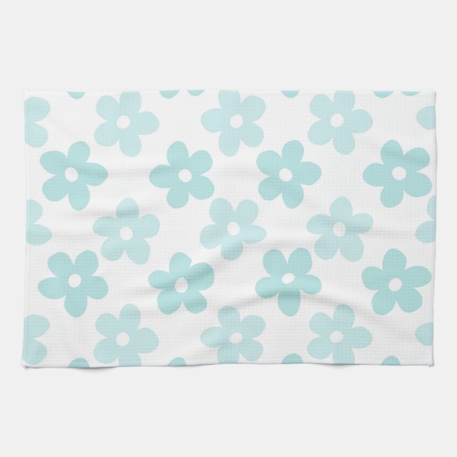 White Blue Daisy Flowers Retro Pattern Tea Towel (Horizontal)
