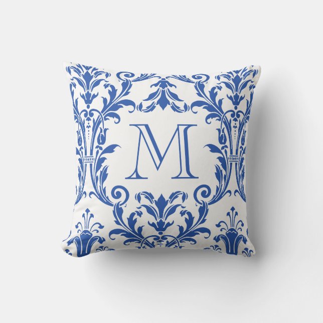 White & Blue Damask Floral Swirls Monogram Cushion (Front)