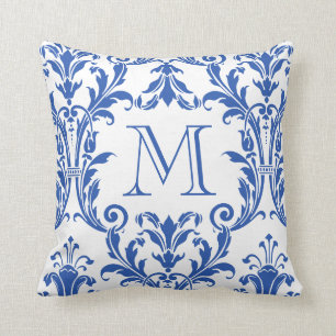 White & Blue Damask Floral Swirls Monogram Cushion
