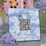 White & Blue Elegant QR Code Honeymoon Fund Sign Plaque<br><div class="desc">Cute design with hearts and elegant script typography in white and sky blue colours.
Text to personalise.</div>