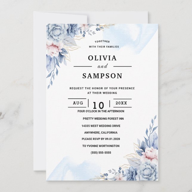 White blue elegant wedding invitation (Front)