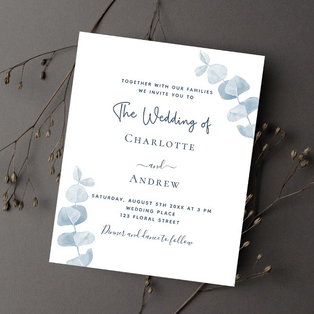 White blue eucalyptus budget wedding invitation (Creator Uploaded)