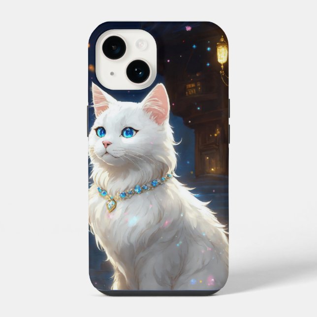 white, blue eyes cat iPhone 14 Tough Case, Gloss iPhone Case (Back)