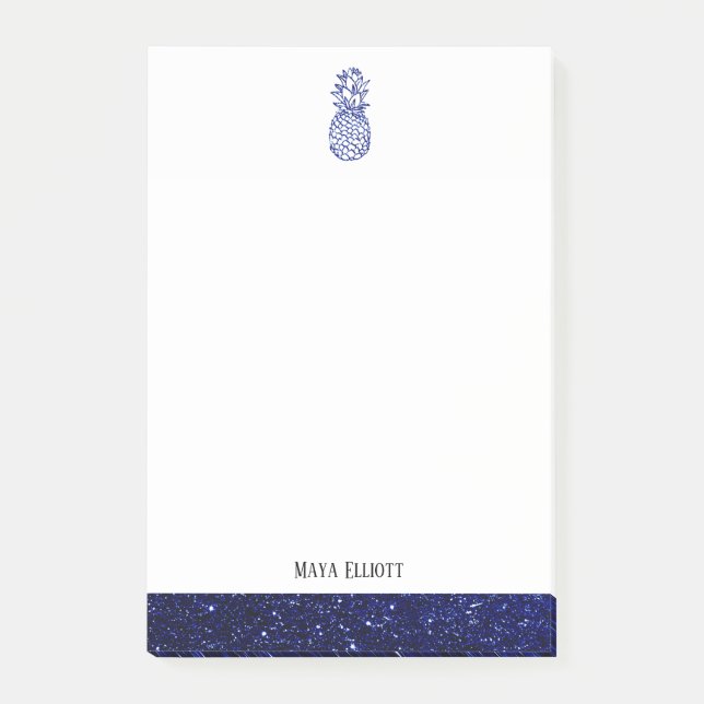 White + Blue Faux Glitter Pineapple & Border, Name Post-it Notes (Front)
