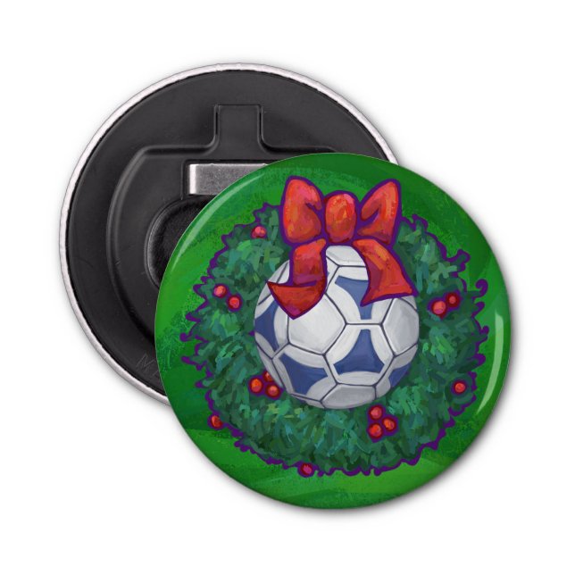 White, Blue Festive Soccer Ball on Green Bottle Opener (Front)