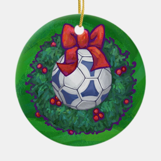White, Blue Festive Soccer Ball on Green Ceramic Ornament (Front)