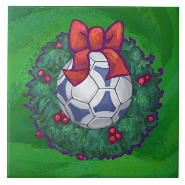 White, Blue Festive Soccer Ball on Green Ceramic Tile (Front)