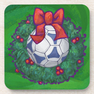 White, Blue Festive Soccer Ball on Green Coaster