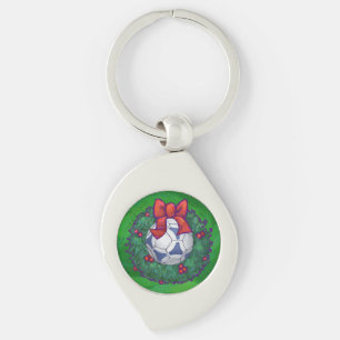 White, Blue Festive Soccer Ball on Green Key Ring