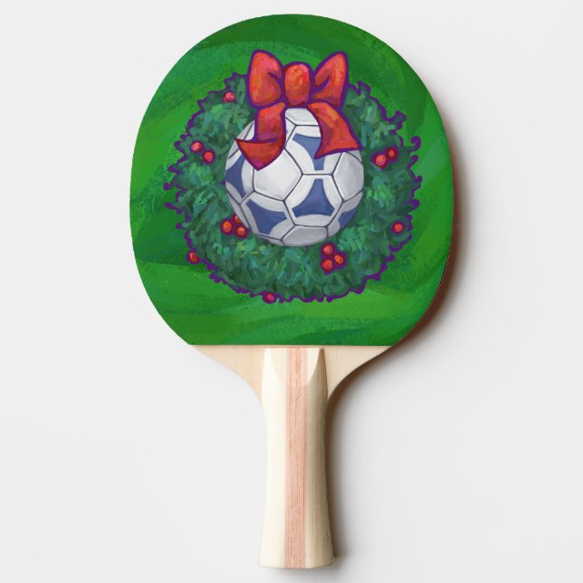 White, Blue Festive Soccer Ball on Green Ping Pong Paddle (Back)