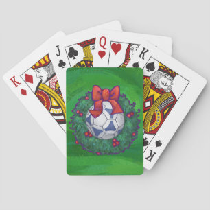 White, Blue Festive Soccer Ball on Green Playing Cards