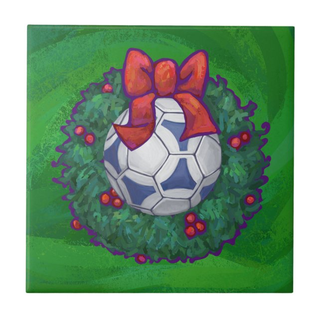 White, Blue Festive Soccer Ball on Green Tile (Front)