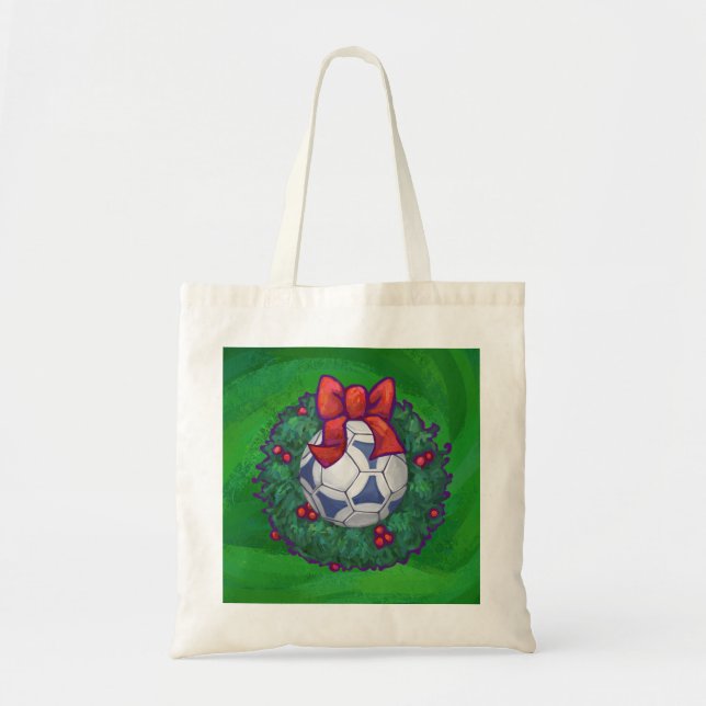 White, Blue Festive Soccer Ball on Green Tote Bag (Front)