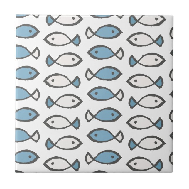 White Blue Fish Ocean Lover Sea Animals Summer Ceramic Tile (Front)