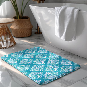White & Blue Floral Damasks Pattern Bath Mat