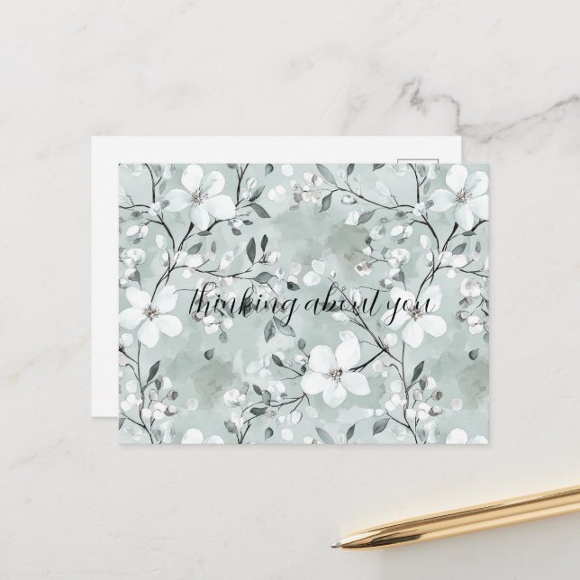White Blue Floral Dragonfly Thinking about you Postcard (Front/Back In Situ)