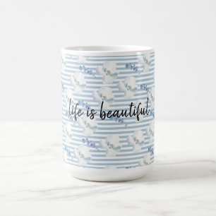 White Blue Floral Eucalyptus Stripes Coffee Mug
