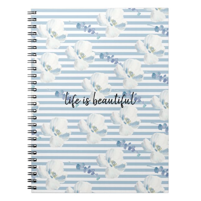 White Blue Floral Eucalyptus Stripes Notebook (Front)