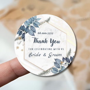 White Blue Floral Frame Thank You Wedding Favours Classic Round Sticker