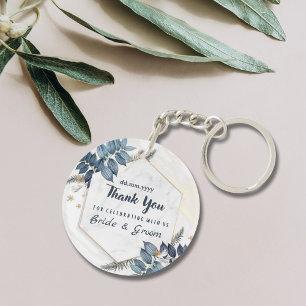 White Blue Floral Frame Thank You Wedding Favours Key Ring