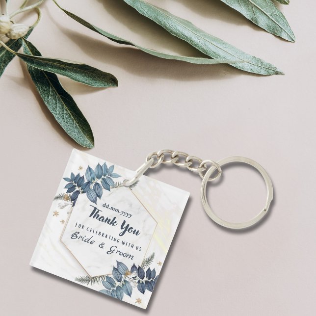 White Blue Floral Frame Thank You Wedding Favours Key Ring (Creator Uploaded)