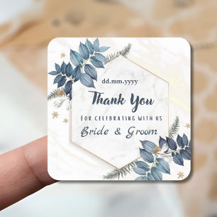 White Blue Floral Frame Thank You Wedding Favours Square Sticker