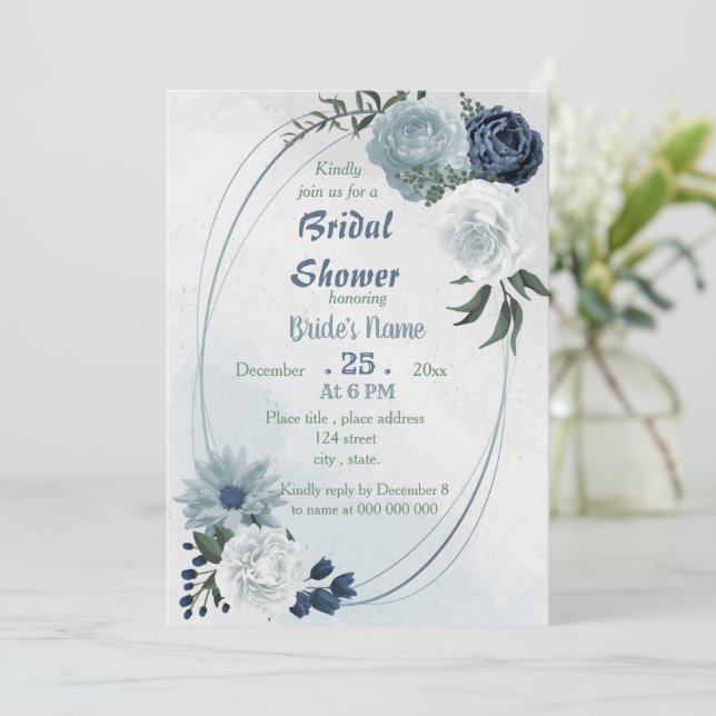 white blue floral greenery geometric bridal shower invitation (Standing Front)