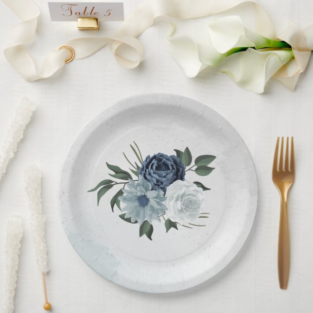 white & blue floral greenery wedding paper plate (Wedding)