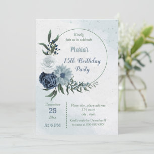 white & blue floral greenery wreath birthday party invitation