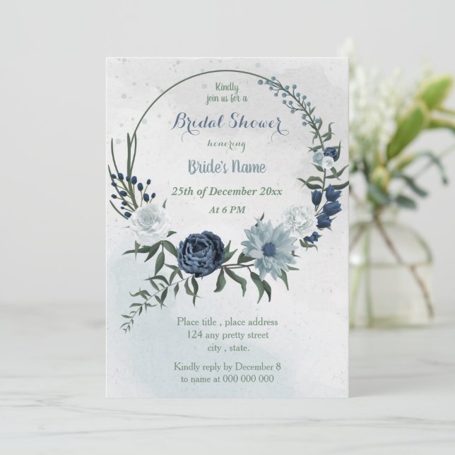 white & blue floral greenery wreath bridal shower invitation (Standing Front)