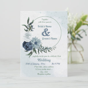 white & blue floral greenery wreath wedding invitation