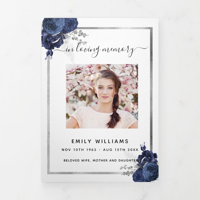 White blue floral photo tri-fold funeral program (Cover)
