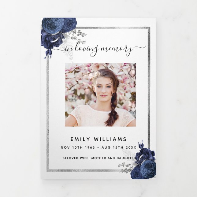 White blue floral photo tri-fold funeral program announcement (Cover)