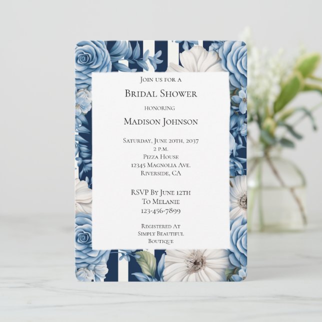 White Blue Floral Stripes Bridal Shower Invitation (Standing Front)