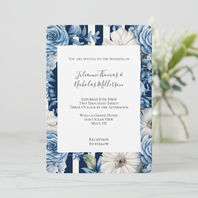 White Blue Floral Stripes Wedding Invitation (Standing Front)