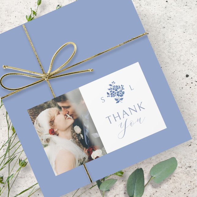 White | Blue Floral Wedding Monogram Thank You  Rectangular Sticker (Creator Uploaded)