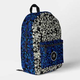 White & blue flowers black background printed backpack