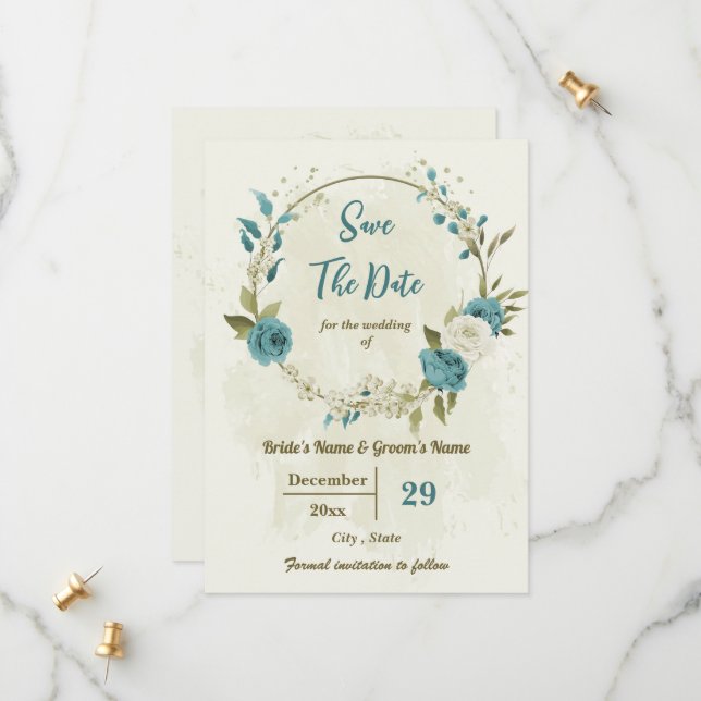 white & blue flowers botanical wedding save the date (Front/Back In Situ)
