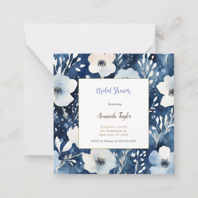 White Blue Flowers Minimal Bridal Shower Card (Front)