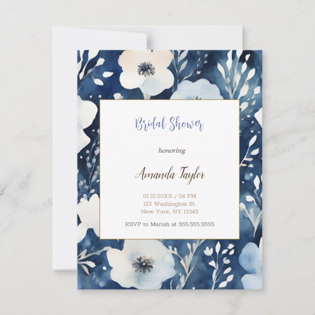 White Blue Flowers Minimal Bridal Shower Card (Front)