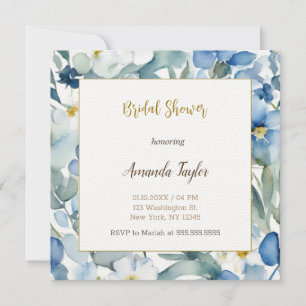 White Blue Flowers Minimal Bridal Shower Invitation