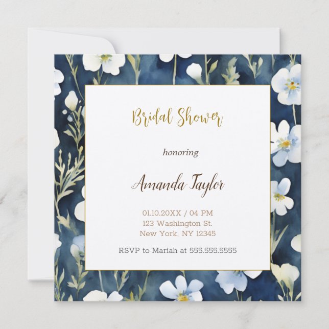 White Blue Flowers Minimal Bridal Shower Invitation (Front)