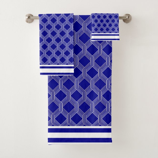 White Blue Geometric Pattern Bath Towel Set (Insitu)
