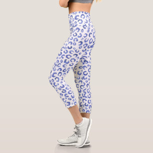 White Blue Glitter Leopard Animal Print Capri Leggings