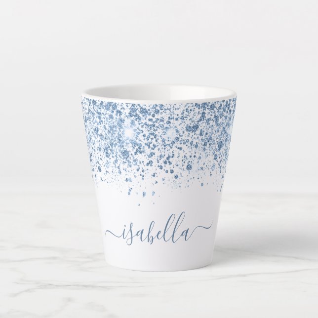 White blue glitter name script latte mug (Front)